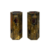 Pair Chinese Matte Gold Scenery Hexagonal Display Wood Brush Pots ws4856S