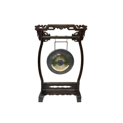 Chinese Distressed Brown Dragon Head Wood Figure Gong Display Rack ws4916S