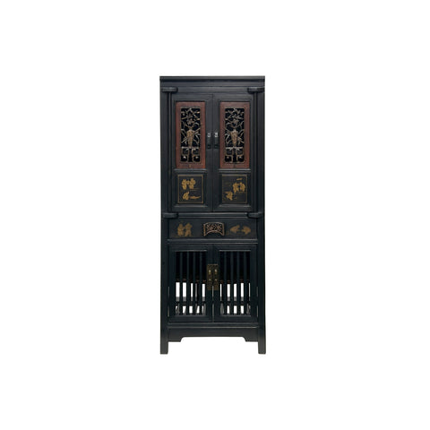Vintage Chinese Black Opening Vase Flower Carving Slim Storage Cabinet ws4923S