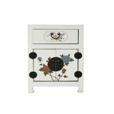 Chinese Off White Vinyl Moon Face Flower Graphic End Table Nightstand ws4931S