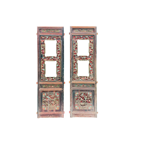 Pair Vintage Fade Color Floral Carving Rectangular Wood Wall Panels ws4933S
