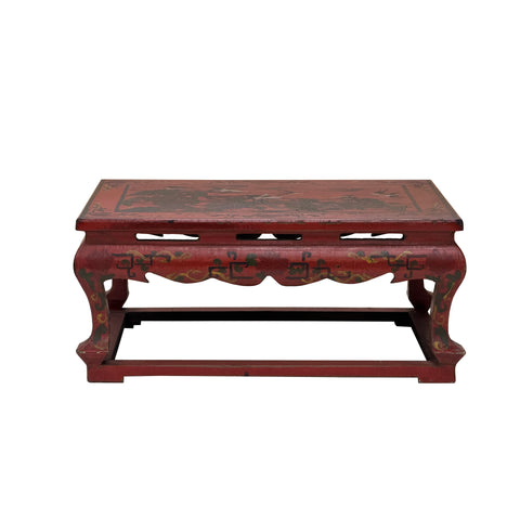 Vintage Distressed Red White Cranes Pine Graphic Rectangular Stand Table ws4946S