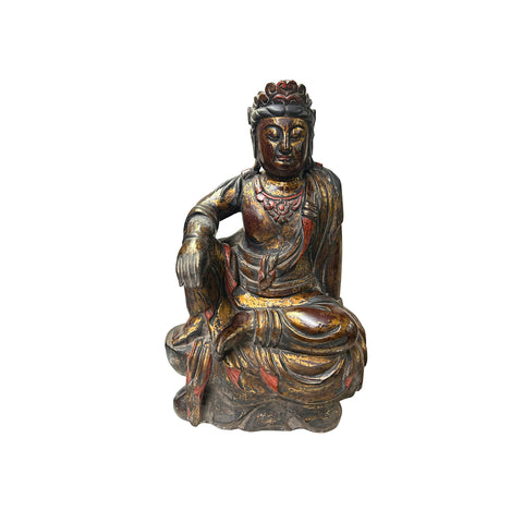 Vintage Chinese Golden Red Brown Lacquer Wood Bodhisattva Statue ws4947S