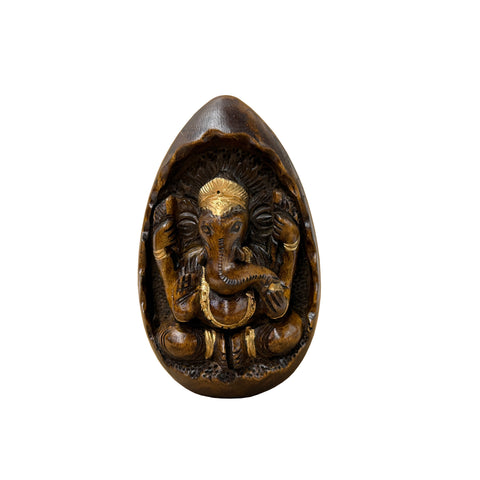 Vintage Oval Egg Shape Wood Relief Carved Ganesha Meditation Figure ws4951S