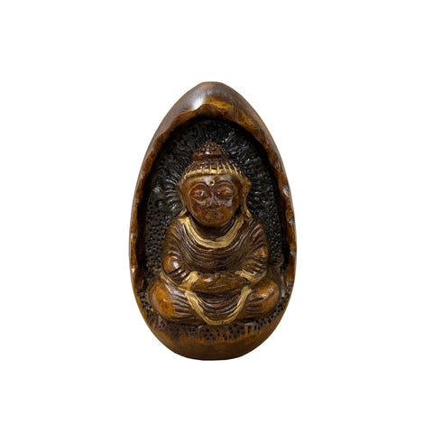 Vintage Oval Egg Shape Wood Relief Carved Buddha Meditation Figure ws4952S
