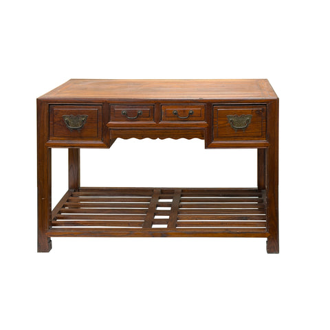 Vintage Brown Stain Patina Deep Rectangular Drawers Desk Table ws4967S