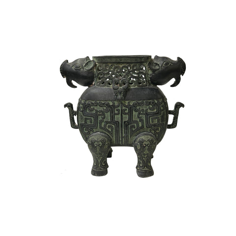 Green Bronze-ware Ram Ox Ding Archaic Zoomorphic Ritual Vessel Display ws4968S