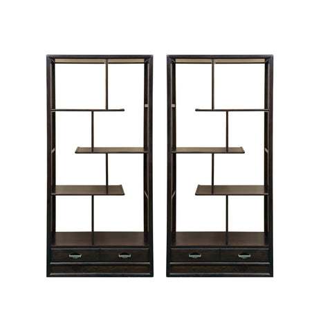Pair Asian Inspired Asymmetrical Dark Brown Shelving Display Cabinet Divider ws4972ABS