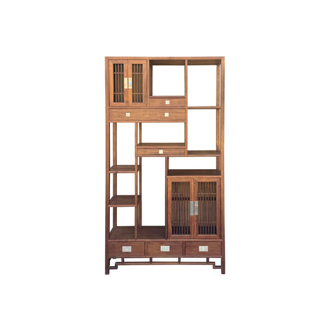 Asian Inspired Asymmetrical Light Brown Shelving Display Cabinet Divider ws4975S