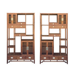 Pair Asian Inspired Asymmetrical Light Brown Shelving Display Cabinet Divider ws4975ABS