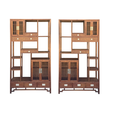 Pair Asian Inspired Asymmetrical Light Brown Shelving Display Cabinet Divider ws4975ABS