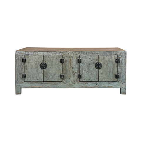 Distressed Light Teal Gray Low Doors Hardware Console Sideboard Cabinet ws4976S