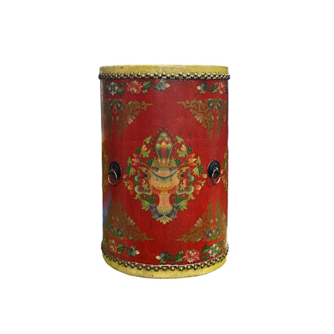 Distressed Red Lotus Tibetan Style Jewel Tower Graphic Round Drum Table ws4984S
