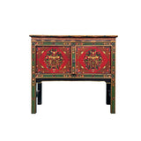 Asian Tibetan Style Floral Graphic Red Green Yellow Console Credenza Table ws4988S