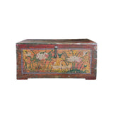 Vintage Distressed Brick Red Brown Lotus Cranes Oriental Wood Trunk Table ws4989S