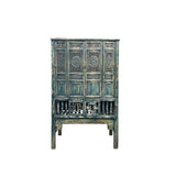 Vintage Distressed Teal Blue Oriental Carving Storage Cabinet ws4991S