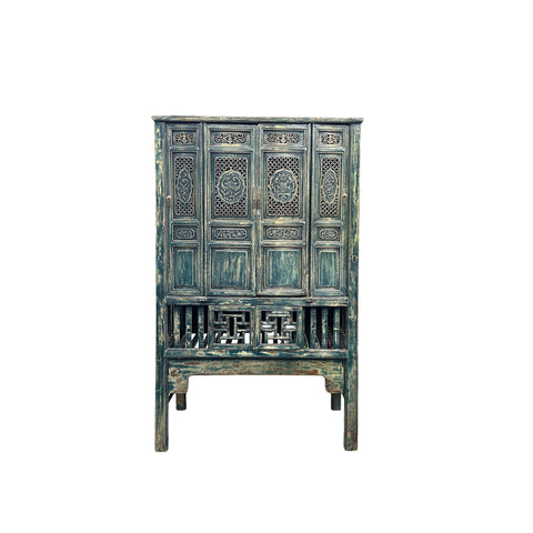 Vintage Distressed Teal Blue Oriental Carving Storage Cabinet ws4991S