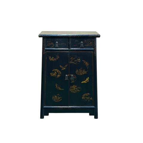 Distressed Black Golden Floral Graphic Tall Side End Table Cabinet ws4992S