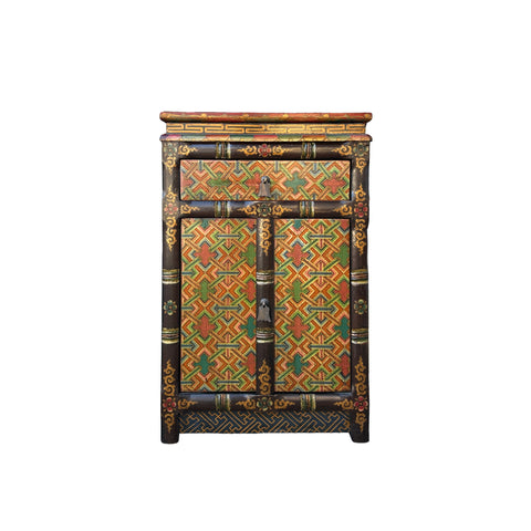 Tibetan Style Geometric Graphic Brown Golden Yellow End Table Nightstand ws4994S