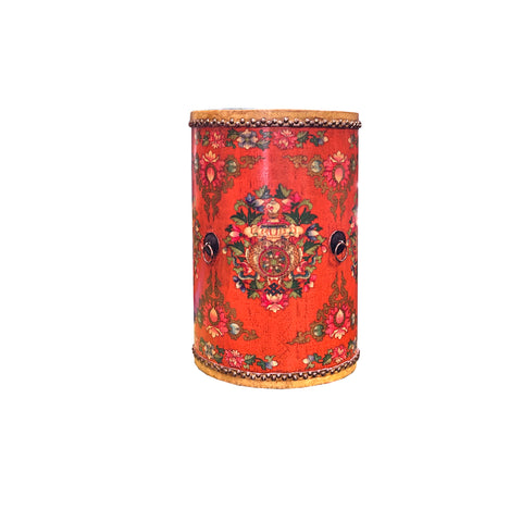 Distressed Orange Tibetan Style Jewel Tower Graphic Round Drum Table ws5000S