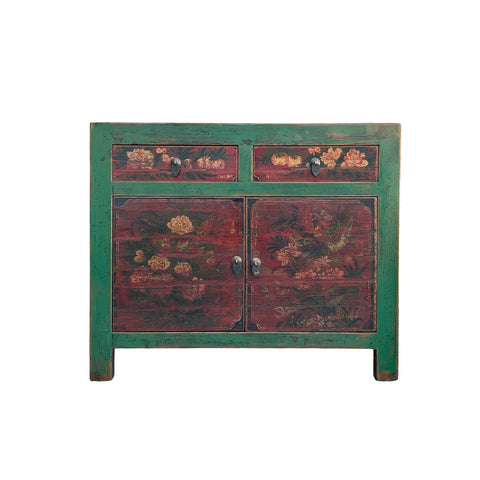 Vintage Distressed Rich Green Red Floral Graphic Credenza Sideboard Cabinet ws5001S