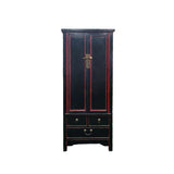 Oriental Black Lacquer Red Trim Narrow Storage Accent Cabinet ws5002S