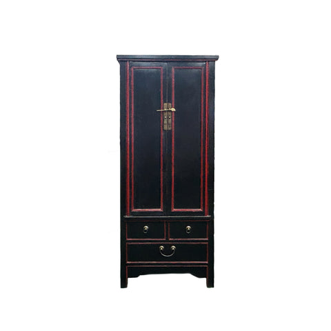 Oriental Black Lacquer Red Trim Narrow Storage Accent Cabinet ws5002S