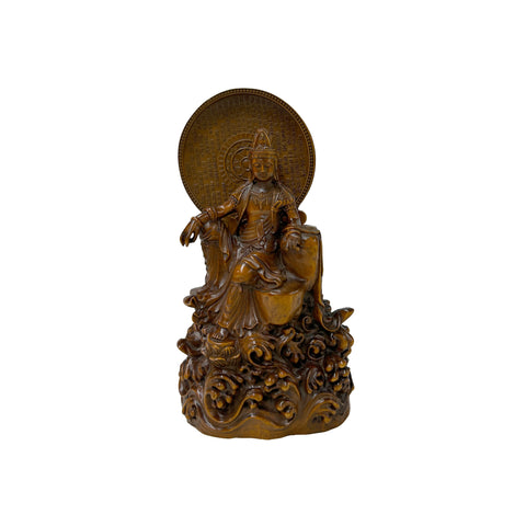 7" Bodhisattva Statue w Calligraphy Halo & Lotus Base Wood Statue ws5003S