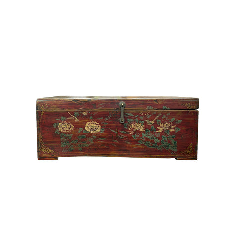Vintage Floral Distressed Deep Red Rectangular Wood Trunk Box ws5005S