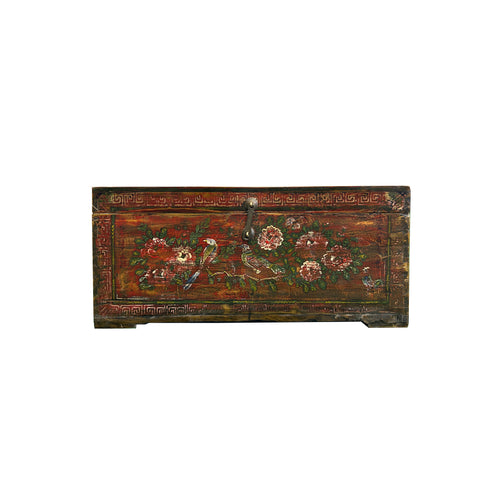 Vintage Rustic Red Brown Floral Bird Rectangular Wood Trunk Chest Table ws5007S