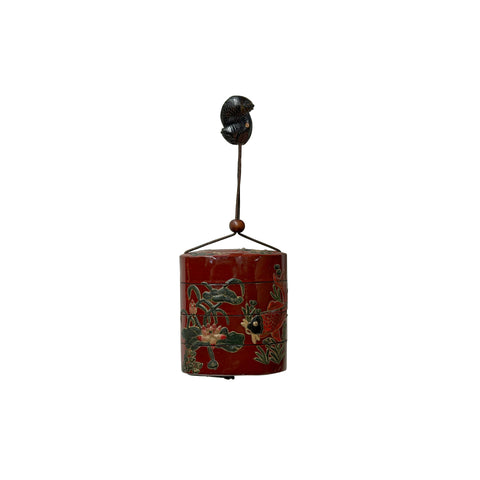 Vintage Red Lacquer Inro Koi Fishes Netsuke Wood Stack Case Deco ws5012S