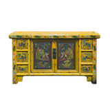 Vintage Chinese Yellow Lacquered Wood Credenza Sideboard Carved Scenic Panels ws5016S