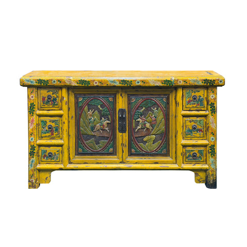 Vintage Chinese Yellow Lacquered Wood Credenza Sideboard Carved Scenic Panels ws5016S