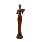 Oriental Brown Wood Carved Slim Artistic Holding Fan Lady Figure ws5019S