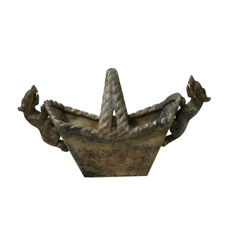Chinese Stone Carved Basket with Mythical Beasts, Archaic Motifs , Braided Handle ws5021S