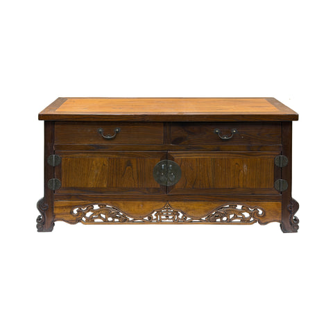 Vintage Asian Brown Kirin Motif Low TV Console Cabinet ws5025S