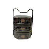Vintage Chinese Black & Gold Lacquered Wood Basket Floral Geometric Motifs ws5027S