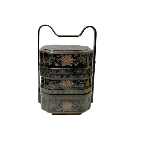 Vintage Chinese Black & Gold Lacquered Wood Basket Floral Geometric Motifs ws5027S