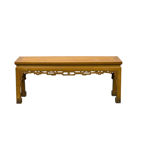Vintage Oriental Light Brown Dragon Motif Apron Wood Bench Table ws5030S