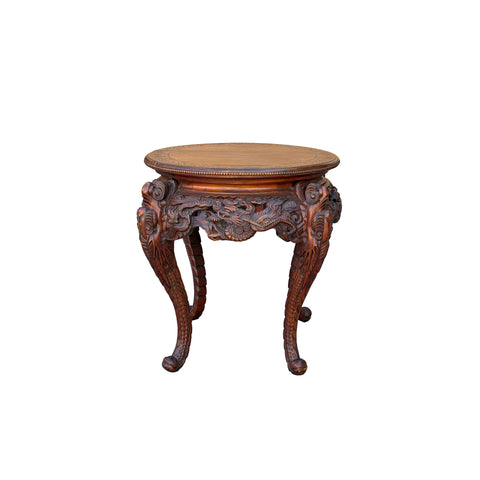 Vintage Carved Solid Wood Dragon Round Plant Stand Display Accent Table ws5034S
