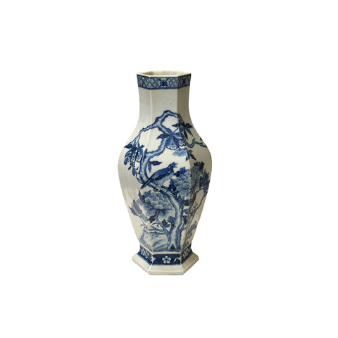 Vintage Chinese Blue White Hexagonal Flower Bird Porcelain Vase ws5038S