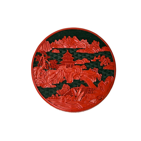 Oriental Asian Black Red Lacquer Round Relief Scenery Accent Box ws5040S