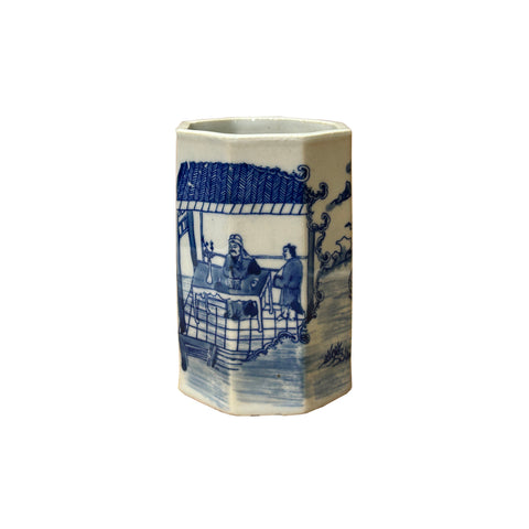 4" Small Octagonal Blue White Scenery Graphic Porcelain Art Vase ws5043S