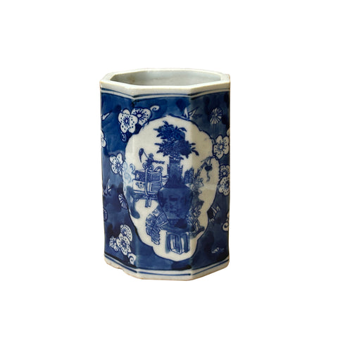 4" Small Octagonal Blue White Flower Vases Graphic Porcelain Art Vase ws5049S