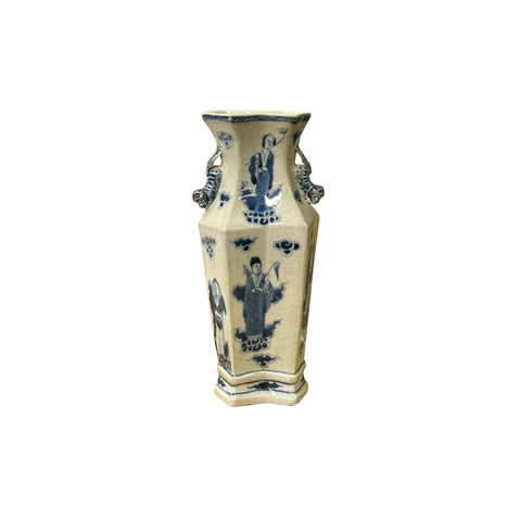 Vintage Rhombus Shape Blue White Eight Immortal Graphic Porcelain Vase ws5052S