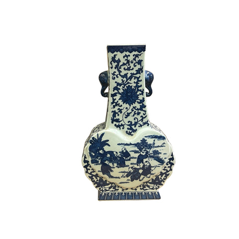Oriental Blue White Heart Shape Flat Floral Elephant Ring Porcelain Vase ws5062S