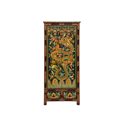 Oriental Tibetan Style Golden Dragon Graphic Tall Slim Storage Cabinet ws5063S