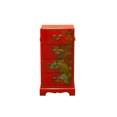 Oriental Bright Red Golden Flower Bird Graphic Drawers Chest ws5065S