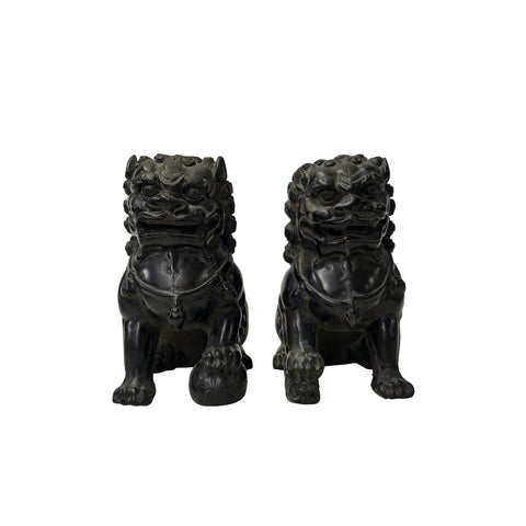 Pair Dark Brown Black Resin Fengshui Foo Dog Lions Figure ws5072S