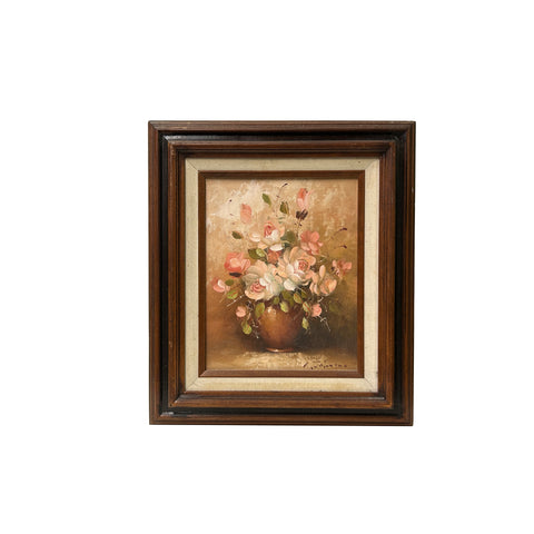 Vintage Blooming Roses Brown Pot Small Canvas Oil Painting ws5073S